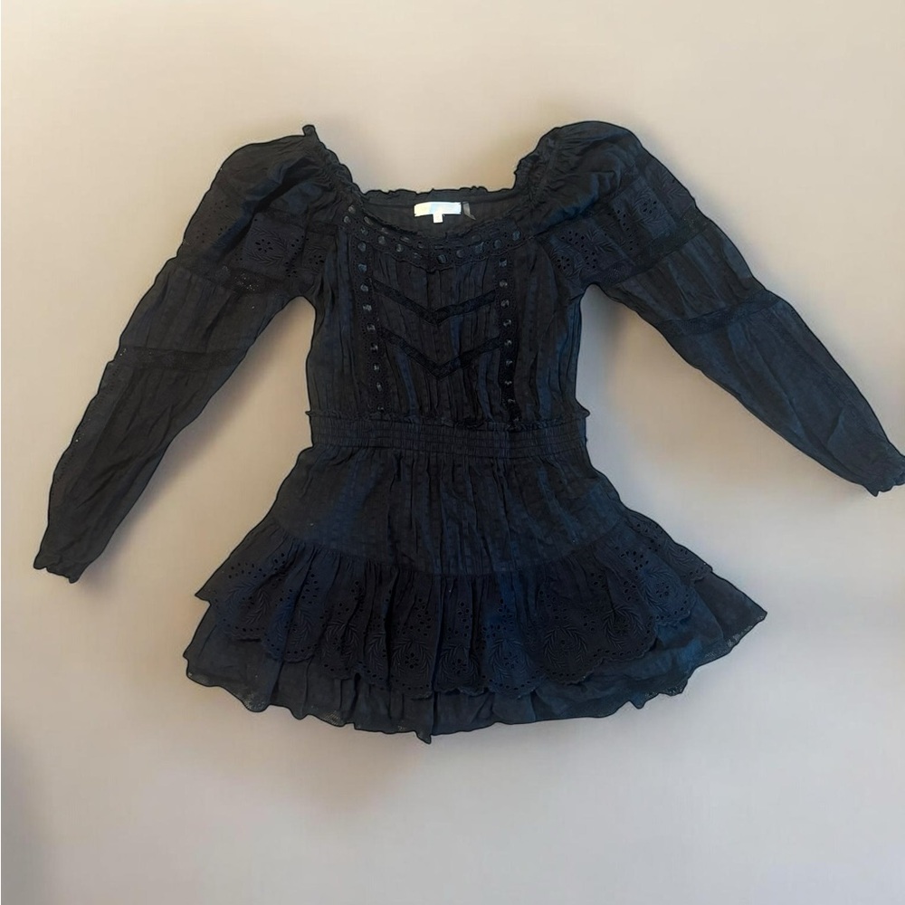LoveShackFancy Black Eyelet Tiered Mini Dress